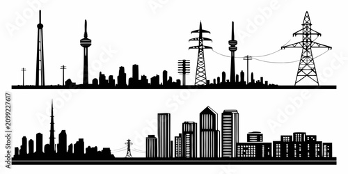Photos Black and white silhouettes of urban skylines with landmarks and buildings citys