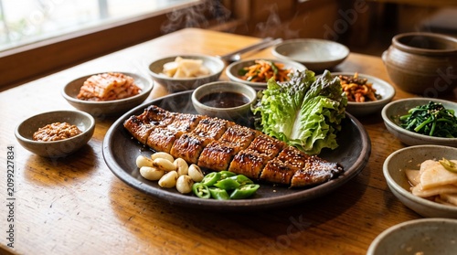 Korean traditional healthy food table setting featuring Samgyetang and Galbitang
