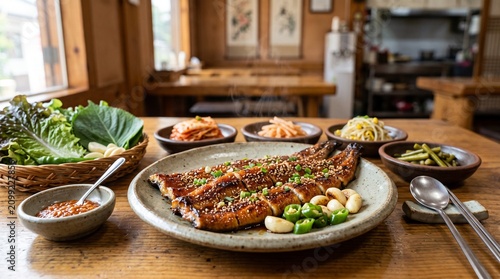 Korean traditional healthy food table setting featuring Samgyetang and Galbitang