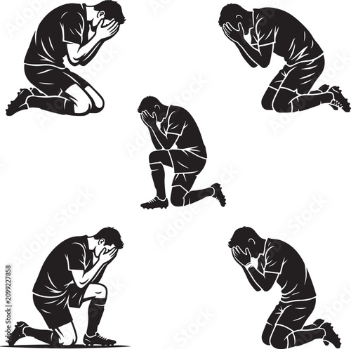 A minimalist full black silhouette logo of a soccer player kneeling on the ground and covering his face with his hands in an emotional or exhausted pose