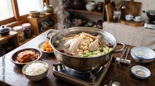Korean traditional healthy food table setting featuring Samgyetang and Galbitang
