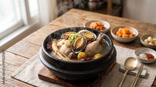 Korean traditional healthy food table setting featuring Samgyetang and Galbitang