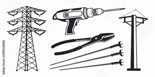 Black and white line of electrical utilities, power lines, tower, plug, socket, and lightning line electrical utilities