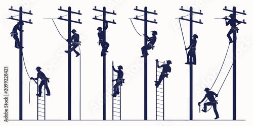 Black silhouettes of workers on utility poles against white background, power line maintenance scenes