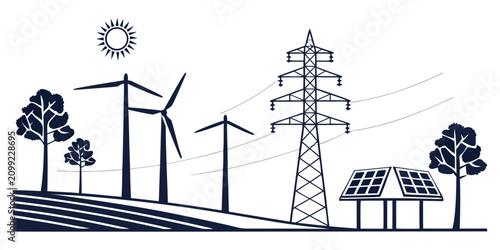 Fotografía Renewable energy solar panel, wind turbine, and electricity pylon with power lin