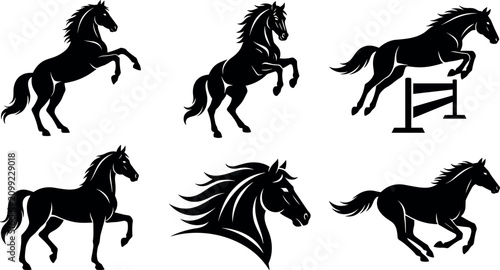 Fotografie Equestrian Black Silhouette Icon Set Featuring Rearing Jumping Running Trot and