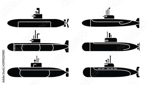 Cuadro en lienzo Submarine silhouette icon set black military naval ship flat design