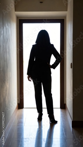 Silhouette of a woman in a suit standing confidently in a hallway doorway