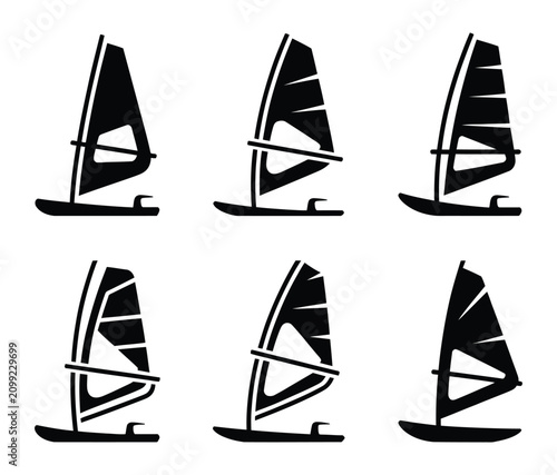 Fotografia Windsurfing sail board silhouette vector icon set summer water sport