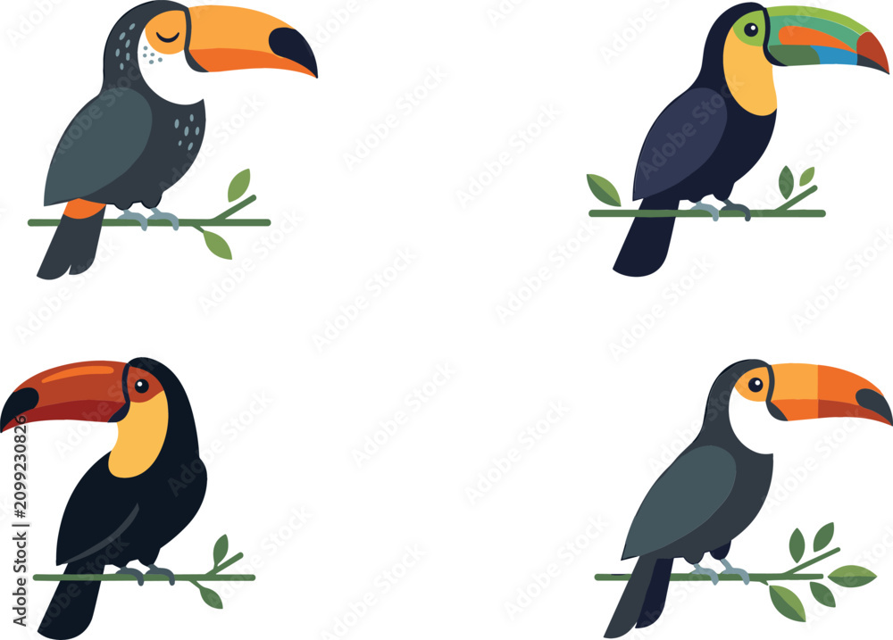 Fototapeta premium Tropical toucan bird cartoon characters vector set featuring exotic jungle birds with colorful beaks perched on tree branches isolated on white background