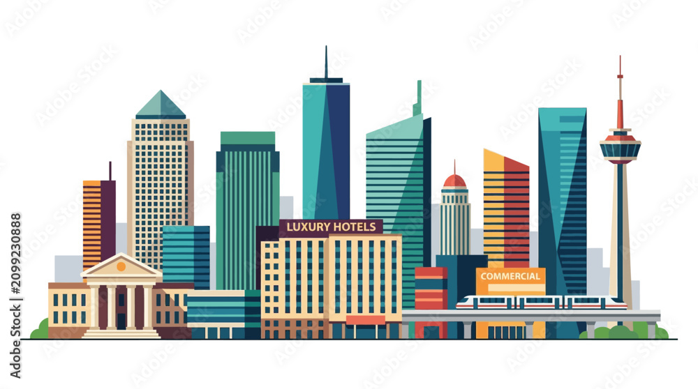 Obraz premium Modern Cityscape Illustration: Buildings, Skyscrapers, and a Tower