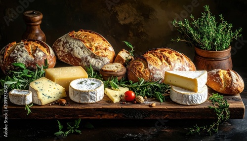 Artisanal bread loaves and cheese assortment on wood.