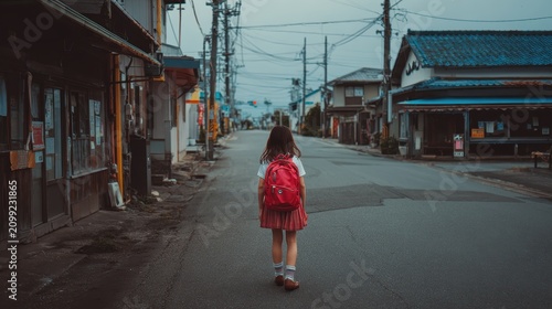 Girl with Red Backpack Walking Alone on Empty Street in Town