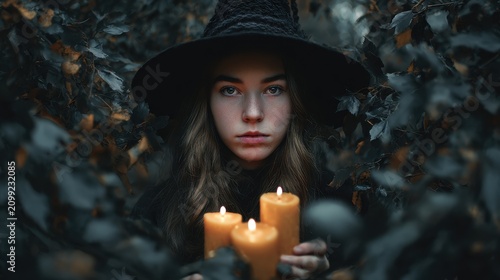 Mysterious Woman in Dark Forest Holding Candles with Witch Hat