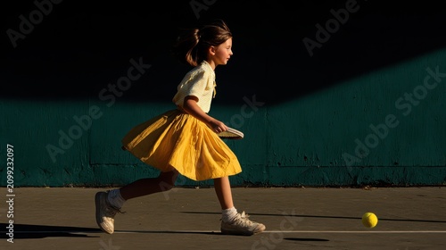 Young Girl Running on Tennis Court in Bright Yellow Skirt