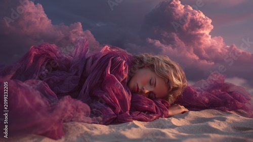Dreamy Woman Sleeping on Beach with Colorful Clouds in Background