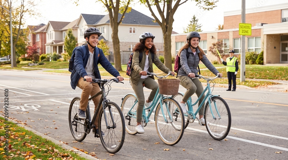 Obraz premium Happy diverse teenagers wearing helmets and backpacks ride bicycles in a neighborhood bike lane on a warm autumn day, ideal for active school commute and youth lifestyle campaigns.