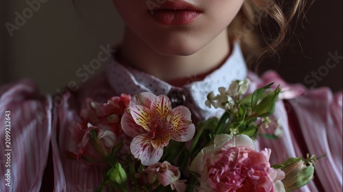 Young Girl with Fresh Flowers in Vintage Attire and Soft Lighting