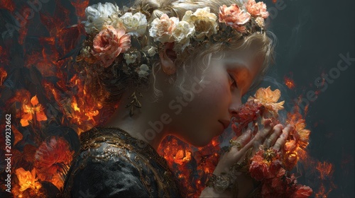Innocent Child Embracing Flowers with Flames in Background