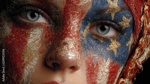 Portrait of Woman with Face Paint Representing Flag Colors and Design