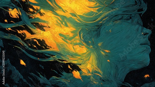 Abstract Portrait of a Woman with Flowing Hair and Bright Flames