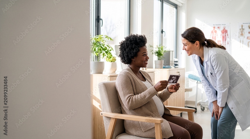 Obraz premium Smiling pregnant Black woman showing ultrasound scan photo to happy female doctor in bright medical clinic