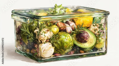 Fresh and Colorful Vegetables and Herbs in Glass Storage Container