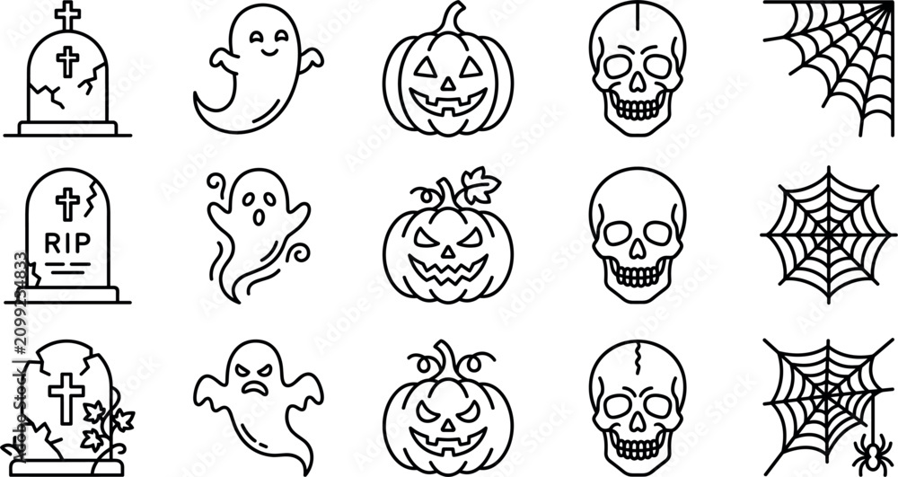 Obraz premium Halloween-themed vector icons set featuring ghosts, pumpkins, skulls, tombstones, and spiders