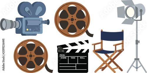 Vintage cinema equipment set with movie camera and film reels. Flat vector illustrations of clapperboard, directors chair, and studio spotlight.