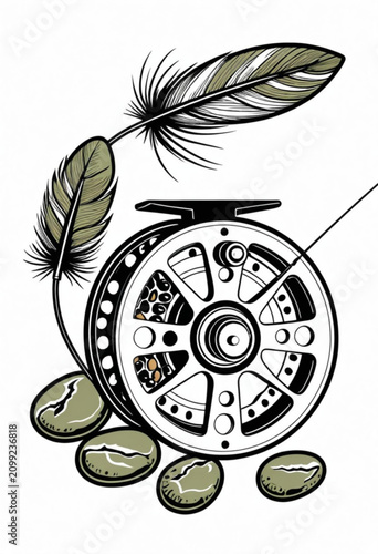 Illustrated Fishing Reel with Feather