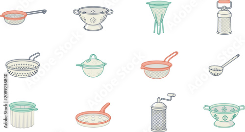 Photos Vintage kitchen colander and strainer vector illustration set with doodle style