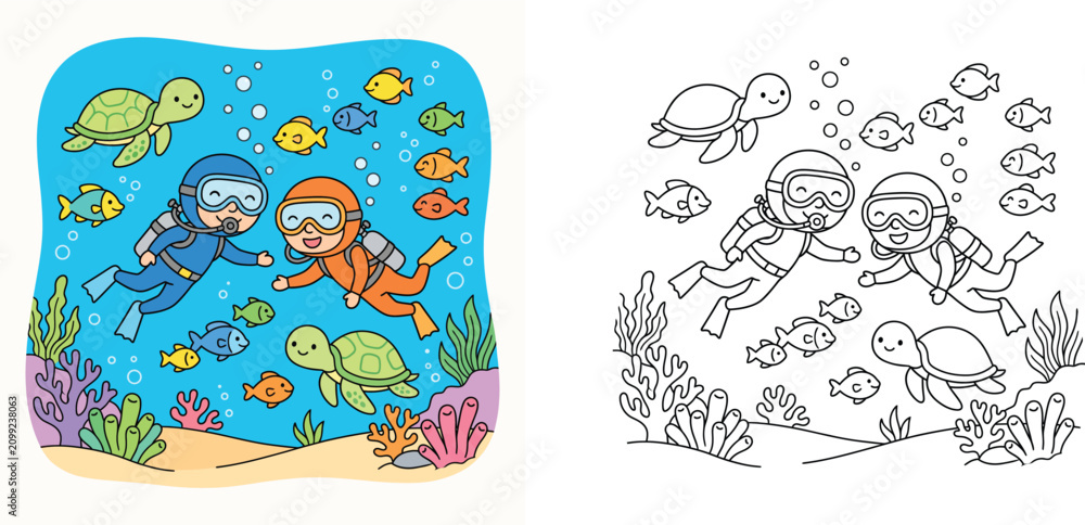 Naklejka premium Kids scuba diving underwater with sea turtles and fish coloring page and colorful vector illustration for children coloring book