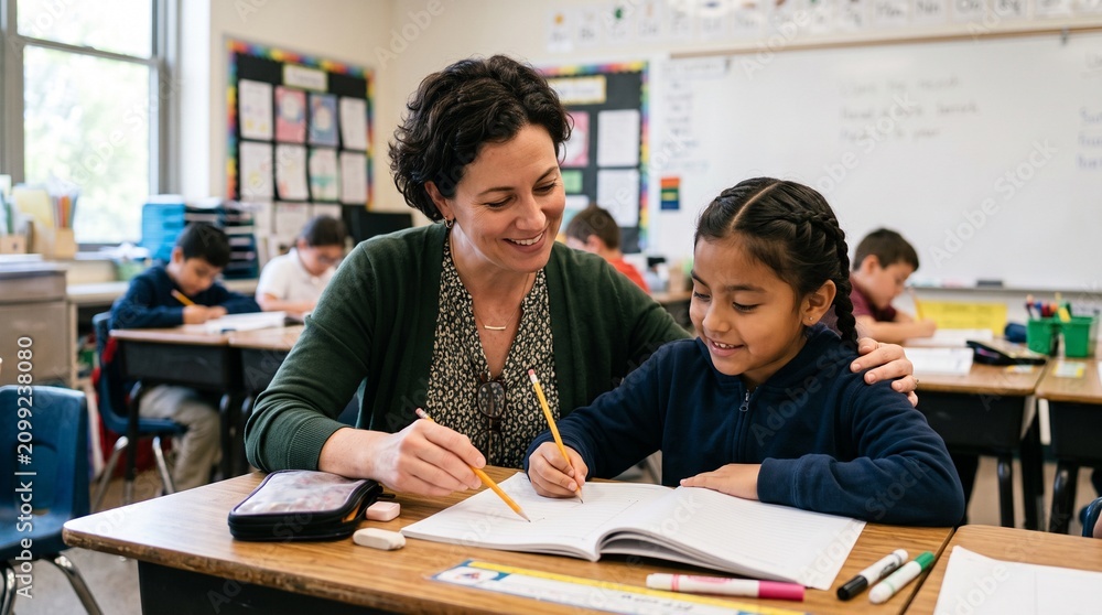 Fototapeta premium Supportive female teacher attentively guides a focused, diverse elementary student with writing practice in a bright classroom. This positive interaction fosters early education, academic