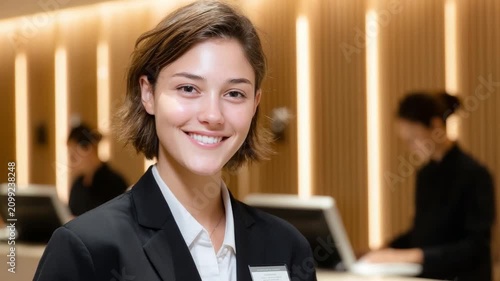 Experience the welcoming atmosphere of a hotel lobby. The friendly receptionist is ready to assist guests. Ideal for your travel and hospitality videos. AI