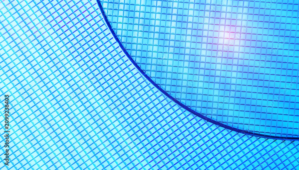 Naklejka premium blue silicon wafer for manufacturing semiconductor of integrated circuit.Electronic circuit designs have been built onto the wafers using micromaching including photolithography