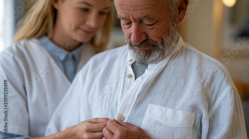 Occupational therapist helping an adult stroke survivor relearn to button a shirt in a rehabilitation ward, the focused concentration on both faces, assisting hands guiding