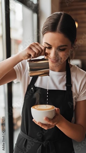 Barista woman pouring steamed milk into coffee cup for latte art. Skilled professional creating cafe specialty drink inside coffee shop. Morning ritual concept.