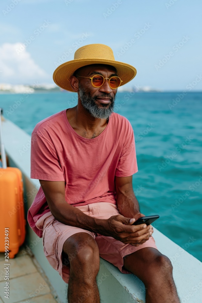 Fototapeta premium Mature man in straw hat and pink shirt seated on a pier by turquoise water with orange suitcase for summer travel banner background and tropical vacation design