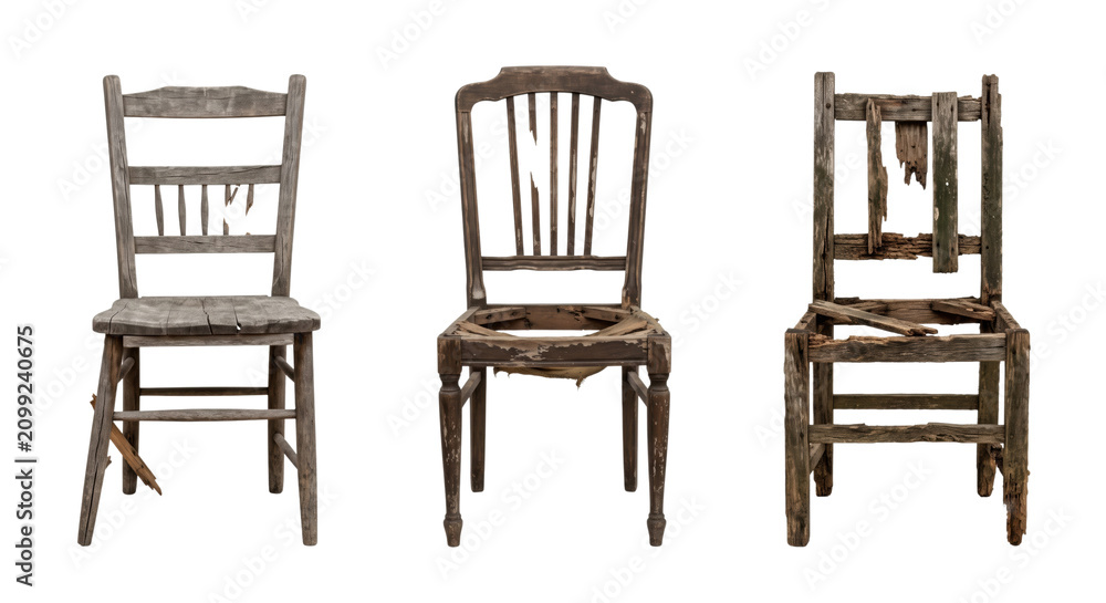 Old broken wooden chairs set isolated