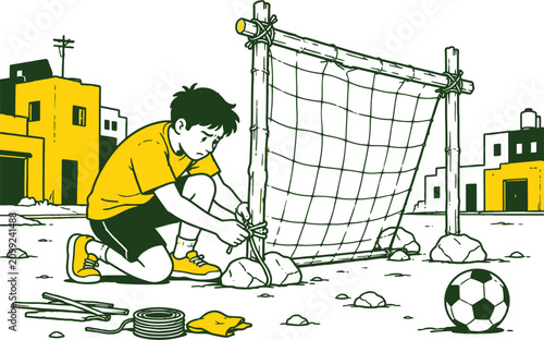 Foto Boy Repairs Soccer Goal Net Illustration
