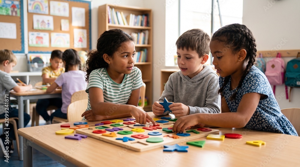 Obraz premium Multiethnic group of young children playing with a colorful wooden alphabet puzzle together at a desk in a bright elementary classroom with bookshelves and backpacks in the background scenery.
