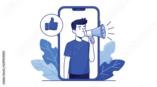 Man with megaphone announcing news on smartphone screen with social media like icon and plants
