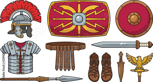 Foto Ancient Roman Legion Equipment Collection Featuring Soldier Helmet, Armor, Shiel
