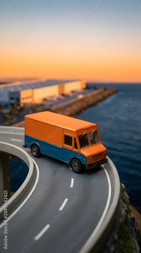 Fototapeta premium Delivery van logistics transport road highway bridge coast sea sunset, miniature delivery van coastal highway bridge beside sea sunset, freight transport concept with copy space and warm evening
