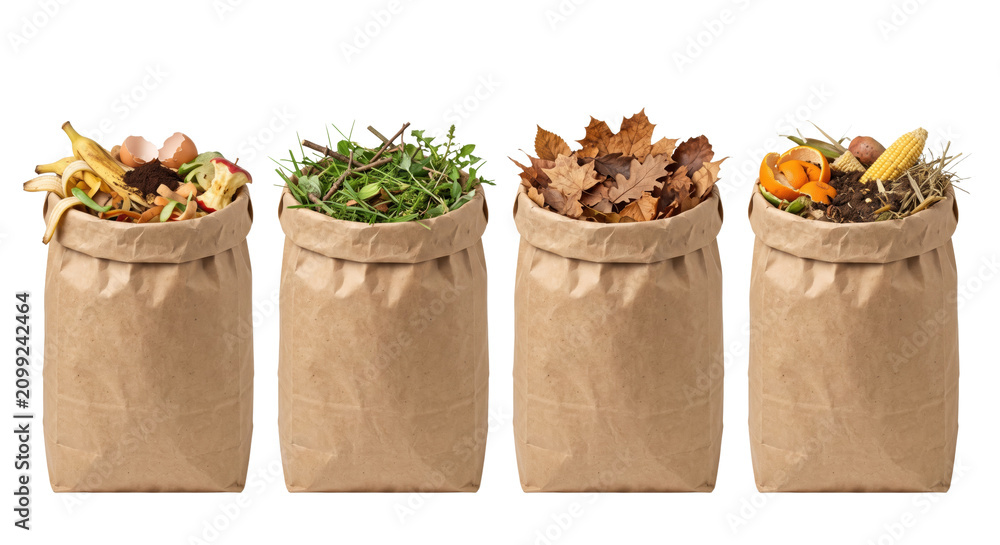 Fototapeta premium Brown paper bags packed with autumn leaves