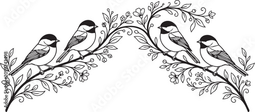 Quadro su tela Four Chickadees perched on a delicate blooming branch in a minimalist vector sil