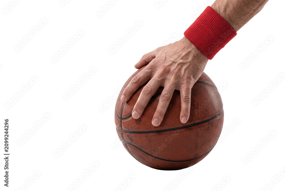 Obraz premium Athlete hand gripping a basketball with red sweatband