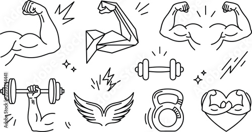 Foto Fitness and Bodybuilding Gym Icon Set with Bicep Muscle Flexing Dumbbell Barbell