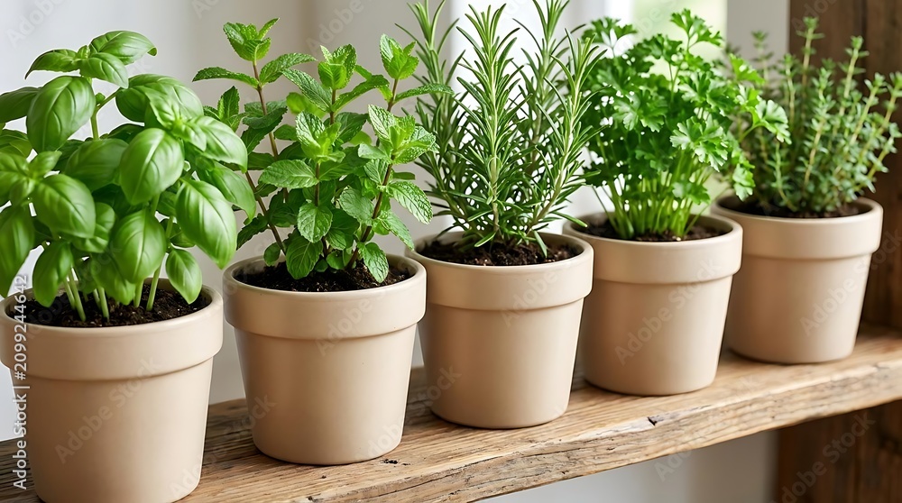 Fototapeta premium A small garden setup featuring a collection of fresh green culinary herbs planted in simple ceramic pots arranged neatly on a rustic wooden shelf at home
