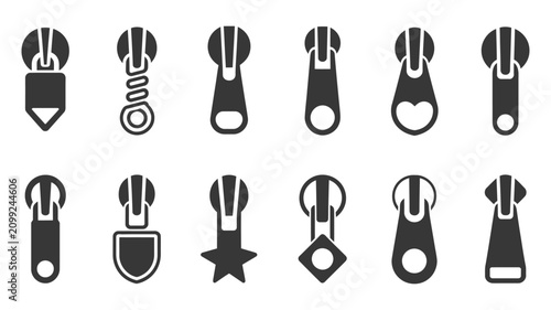 Canvastavla Zipper pull tab icons set with clothing fastener, zip slider, garment accessory,
